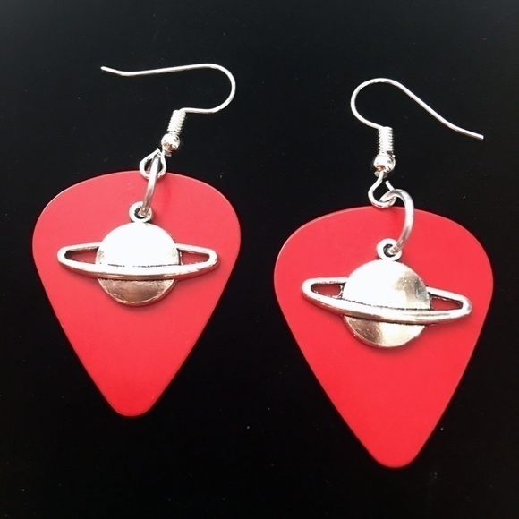 HAND Crafted Earrings Recycled Guitar Picks Planet on Fire Theme - Picture 1 of 4